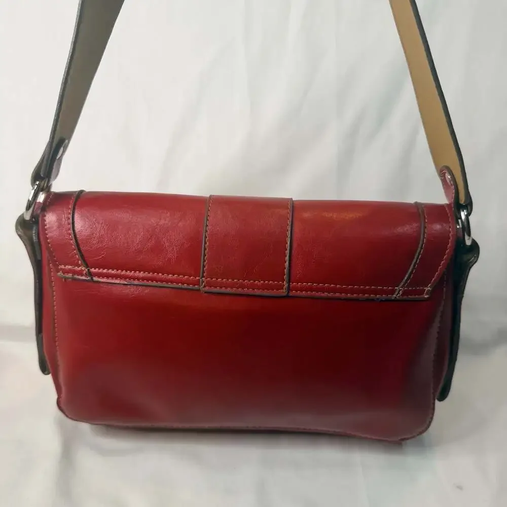 Emilie M. Red Faux Leather Flap Over Shoulder Bag Purse